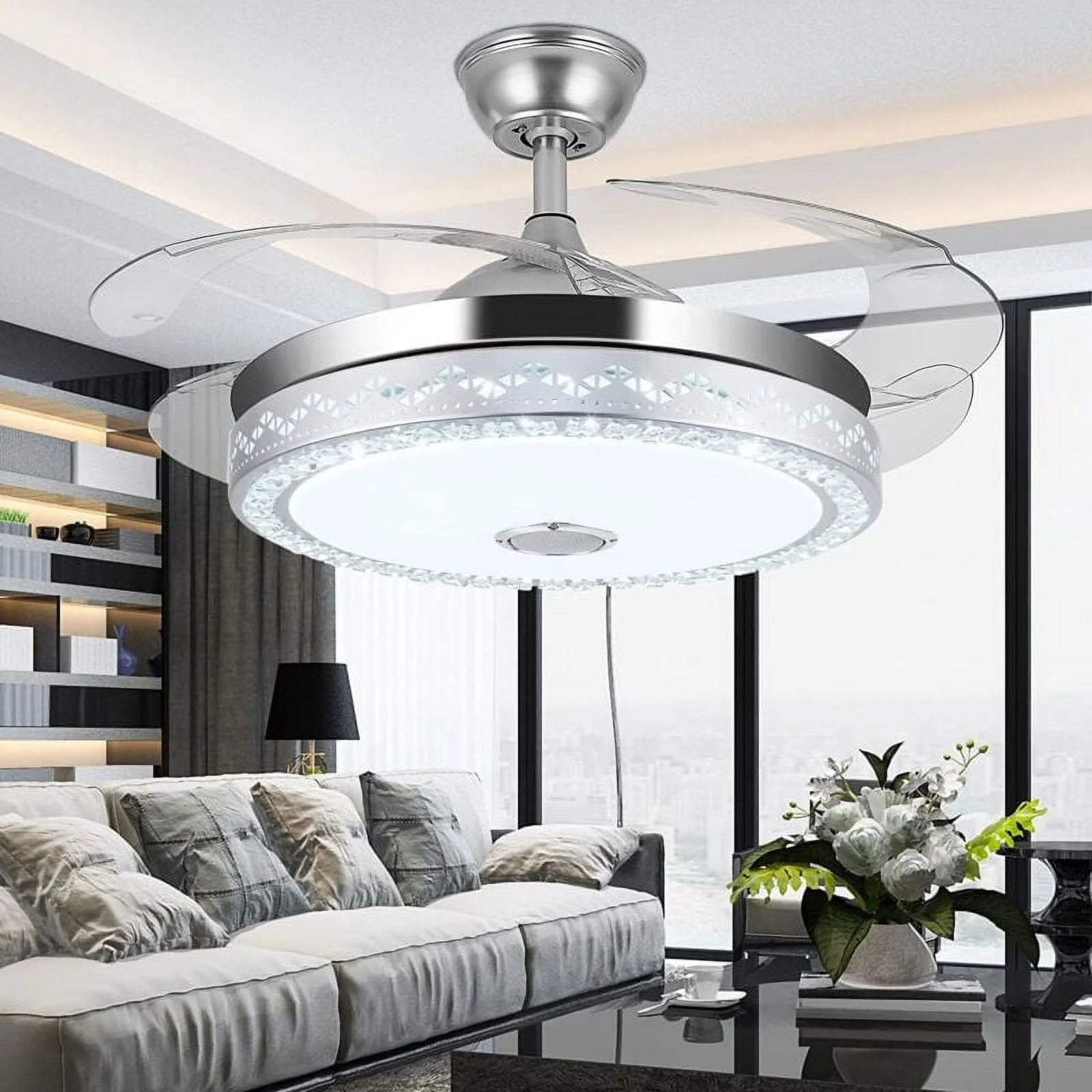 42"invisible Chandelier Ceiling Fan with Light and Bluetooth Speaker, Modern 3 Color Change Crystal Ceiling Fan Light with Remote Control 4 Retractable ABS Blades