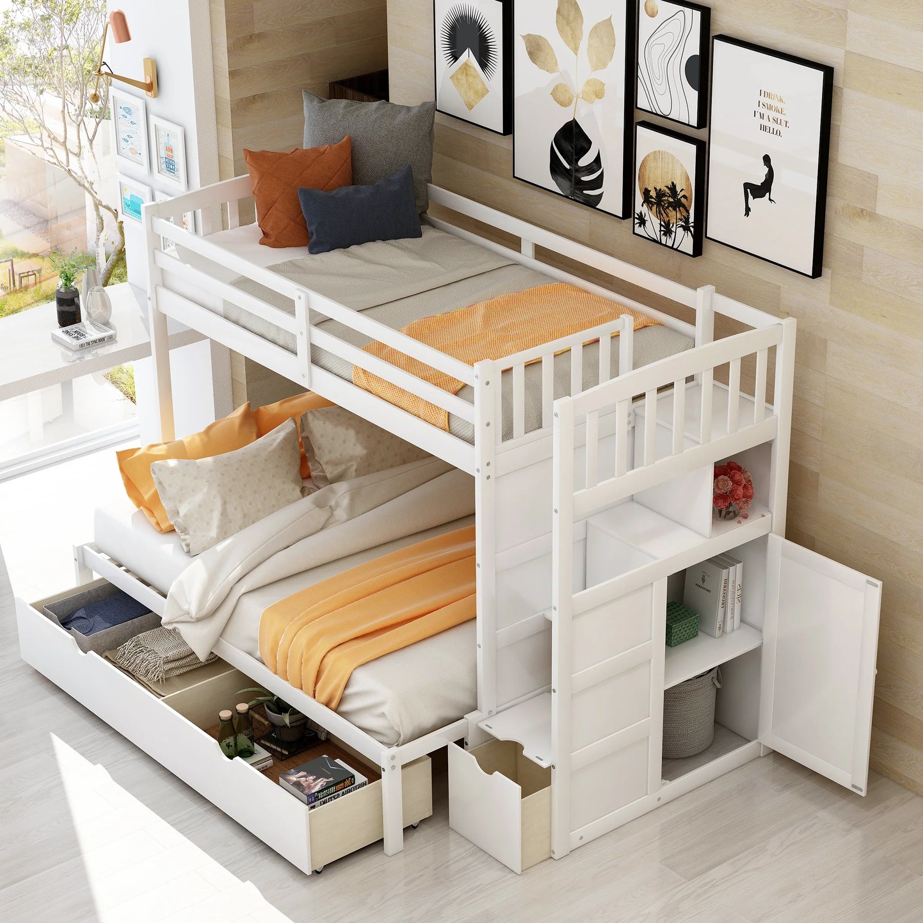 AECOJOY Twin over Full/Twin Convertible Bunk Bed with Storage Shelves and Drawers, Grey