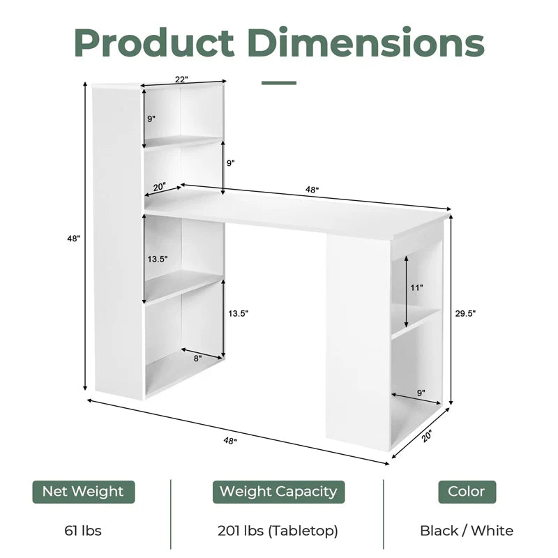 48" Computer Desk with 6-Tier Storage Shelves, 3-in-1 Reversible Writing Desk w/ Bookshelf & CPU Stand, Space-Saving Home Office Workstation