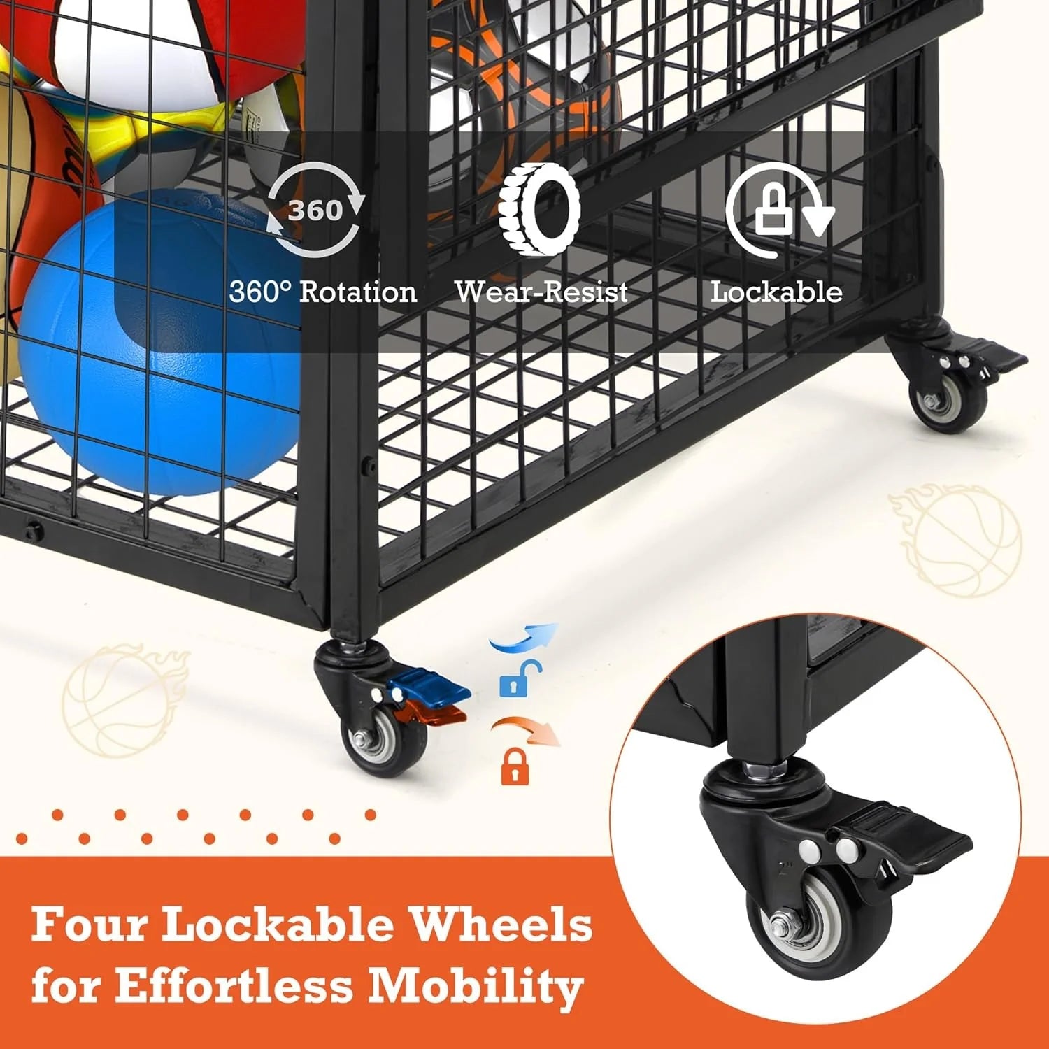 AECOJOY Ball Cart Storage, Rolling Basketball Bin with Wheels for Garage, School, Gym, Sports Equipment and Toy Organizer, Large