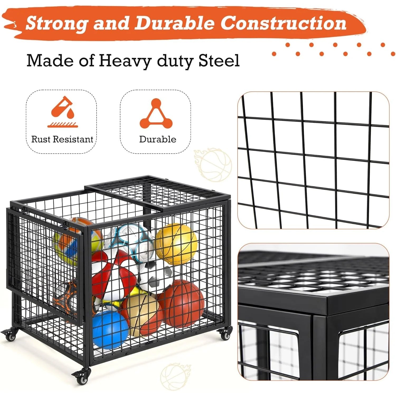 AECOJOY Ball Cart Storage, Rolling Basketball Bin with Wheels for Garage, School, Gym, Sports Equipment and Toy Organizer, Large