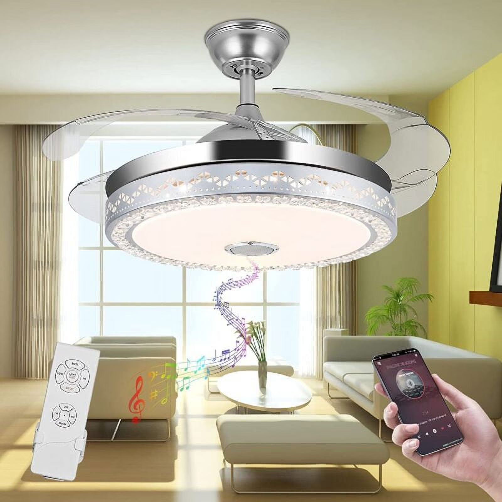 42"invisible Chandelier Ceiling Fan with Light and Bluetooth Speaker, Modern 3 Color Change Crystal Ceiling Fan Light with Remote Control 4 Retractable ABS Blades