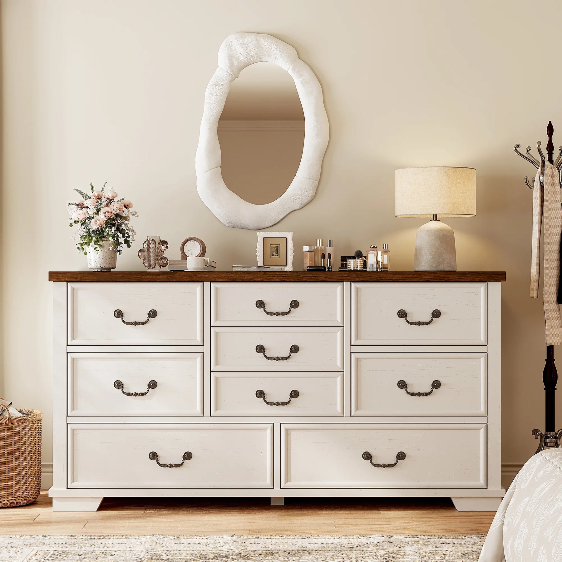 Enhomee Wood Dressers for Bedroom with 9 Drawers White Dresser Chest of Drawers for Living Room