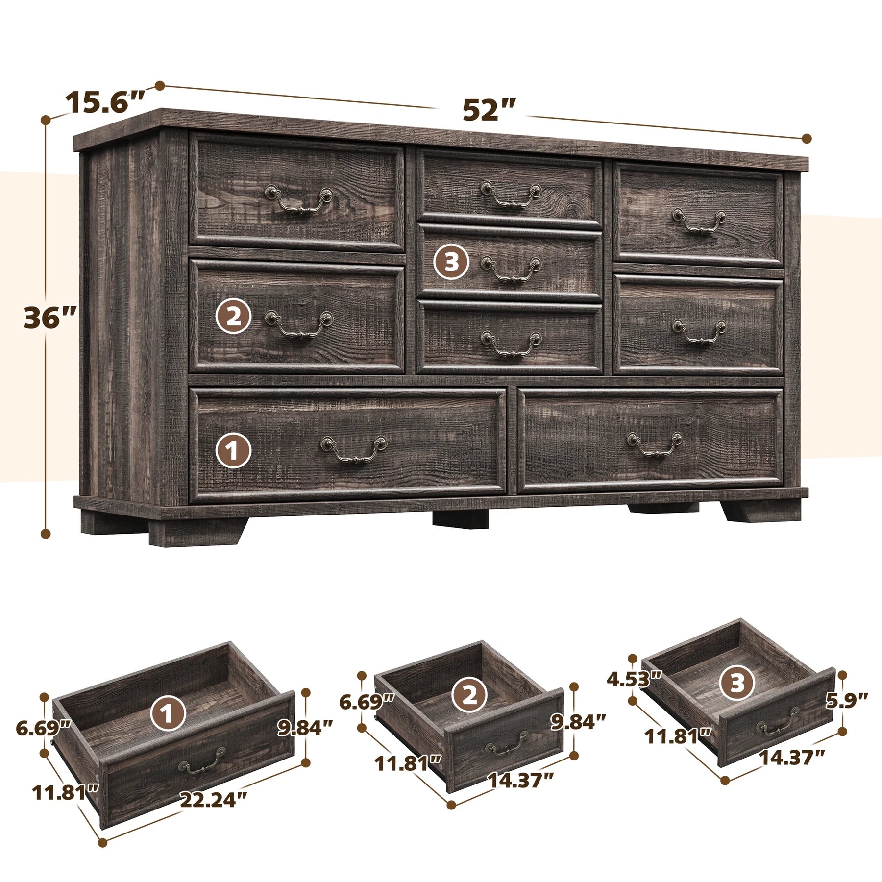 Enhomee Wood Dressers for Bedroom with 9 Drawers White Dresser Chest of Drawers for Living Room