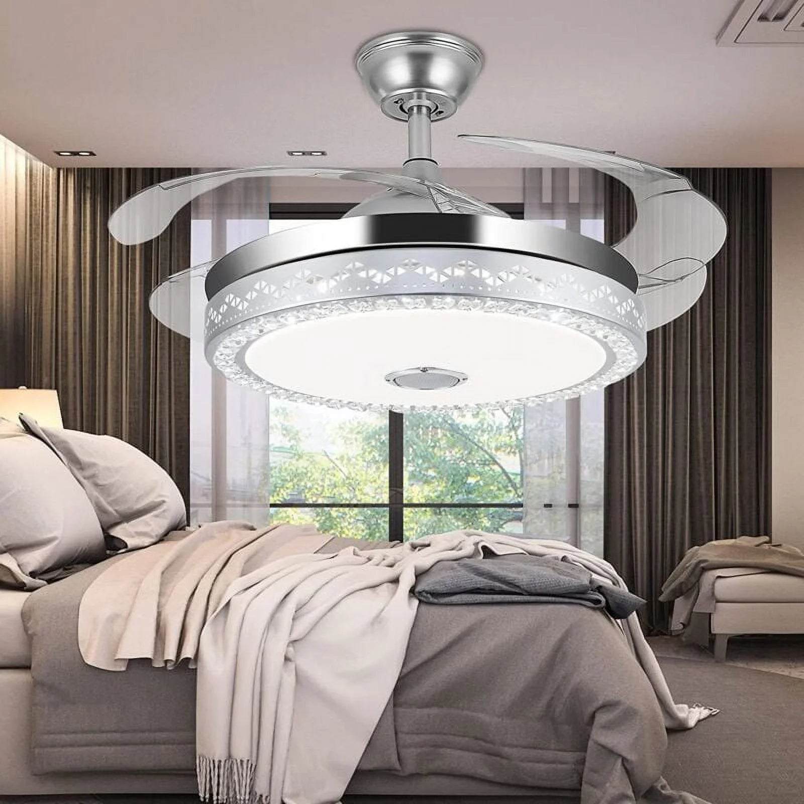 42"invisible Chandelier Ceiling Fan with Light and Bluetooth Speaker, Modern 3 Color Change Crystal Ceiling Fan Light with Remote Control 4 Retractable ABS Blades
