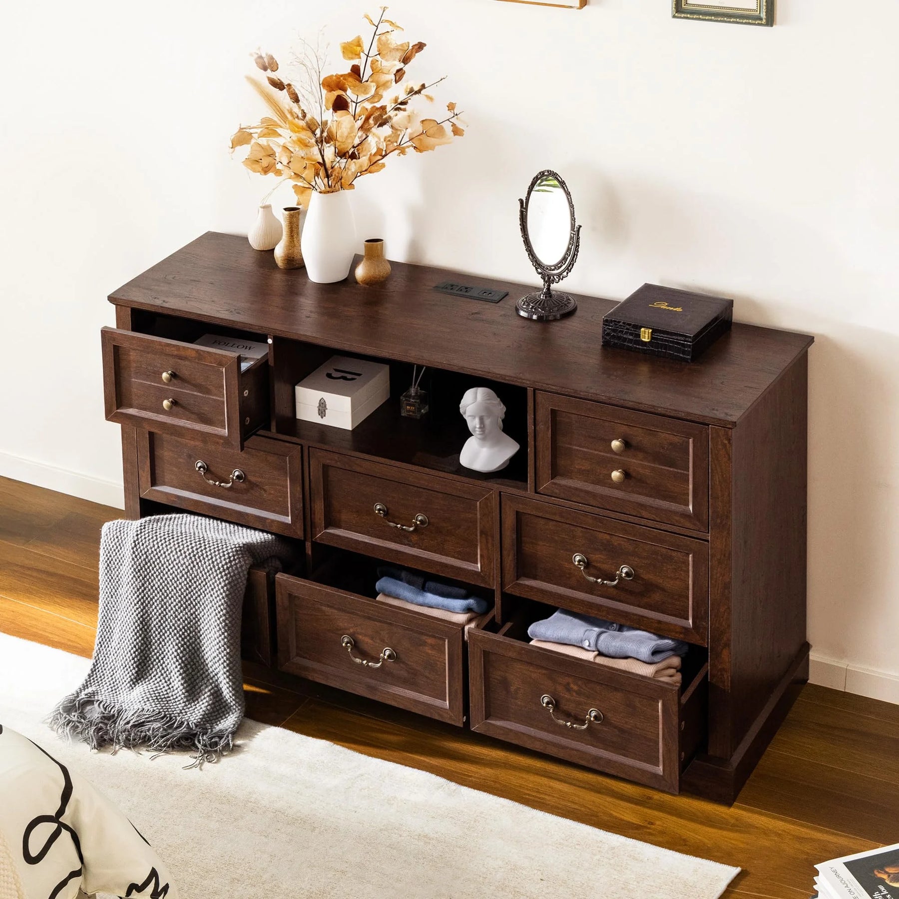 Enhomee Wood Dressers for Bedroom with 9 Drawers White Dresser Chest of Drawers for Living Room