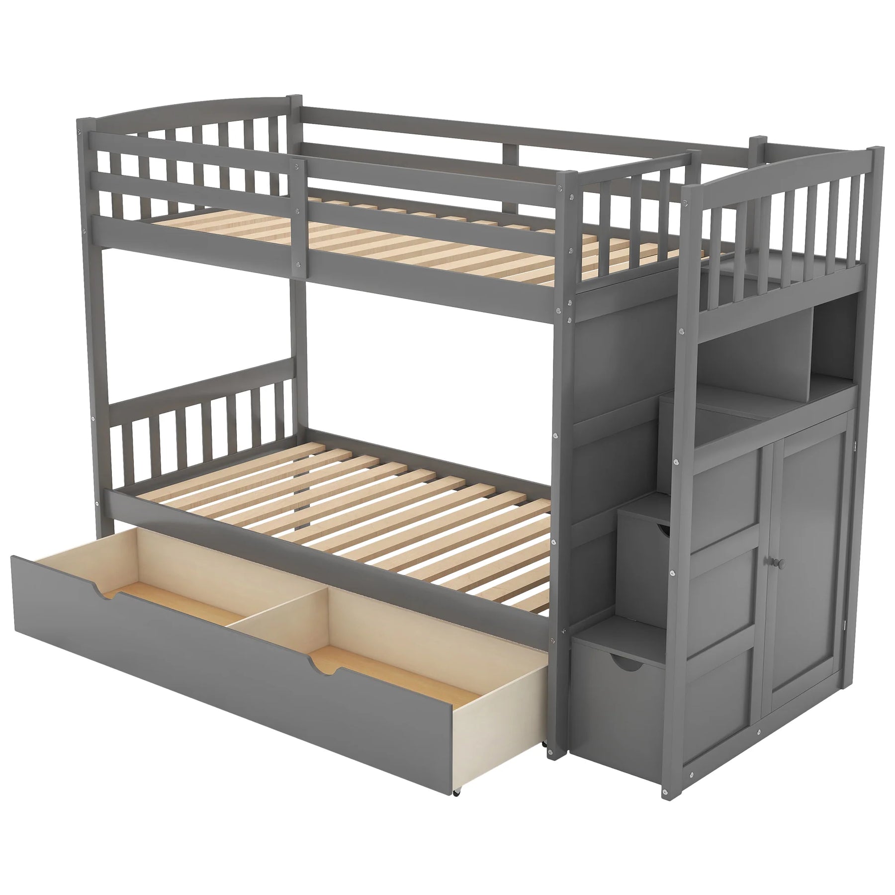 AECOJOY Twin over Full/Twin Convertible Bunk Bed with Storage Shelves and Drawers, Grey
