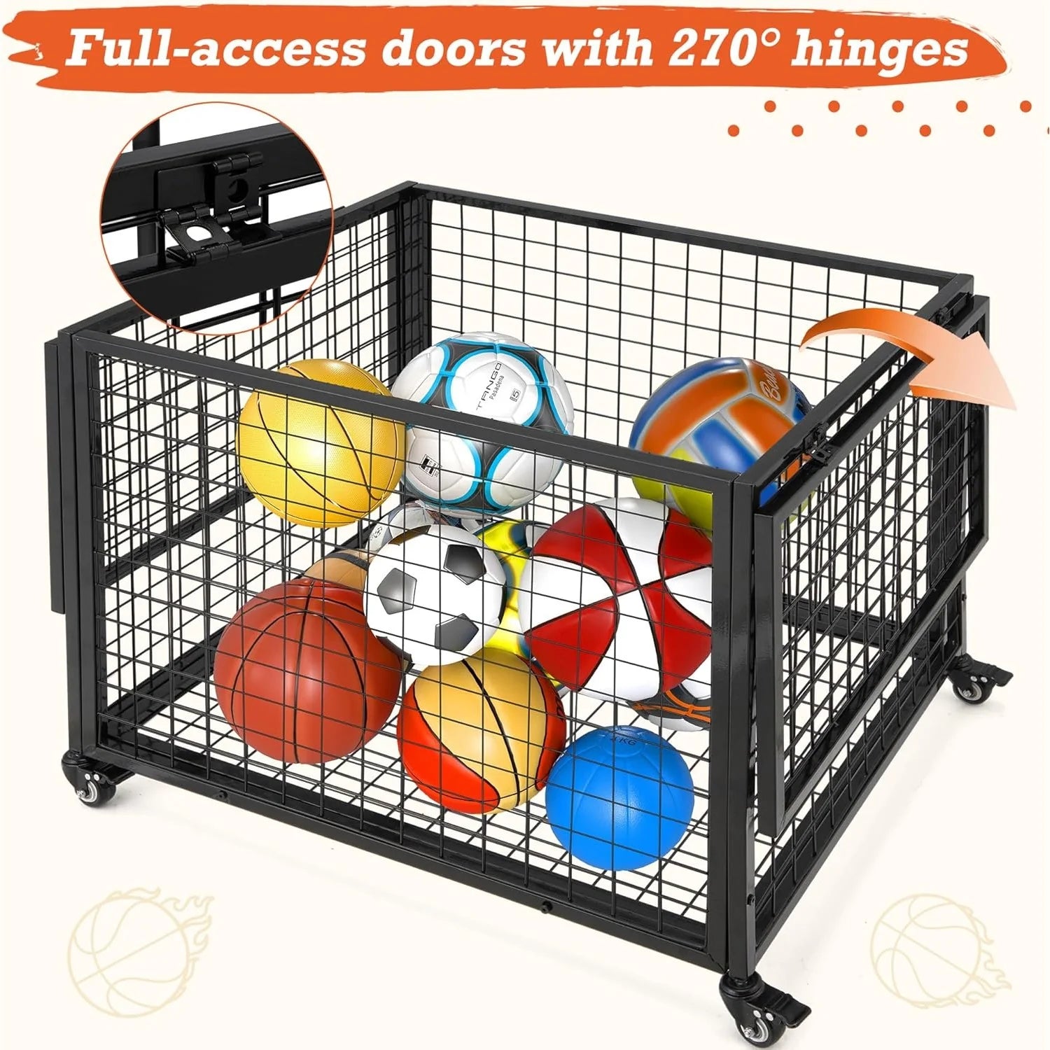 AECOJOY Ball Cart Storage, Rolling Basketball Bin with Wheels for Garage, School, Gym, Sports Equipment and Toy Organizer, Large