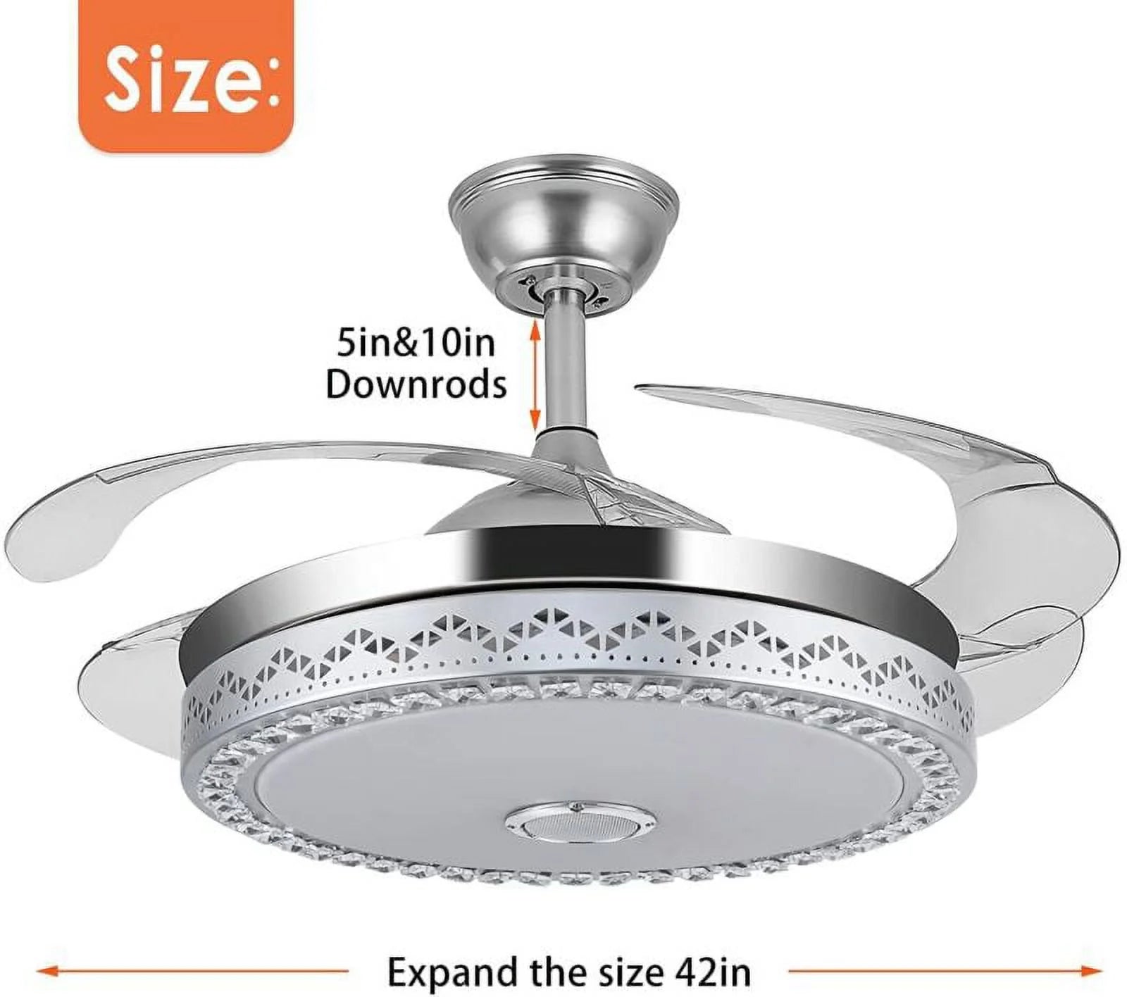 42"invisible Chandelier Ceiling Fan with Light and Bluetooth Speaker, Modern 3 Color Change Crystal Ceiling Fan Light with Remote Control 4 Retractable ABS Blades