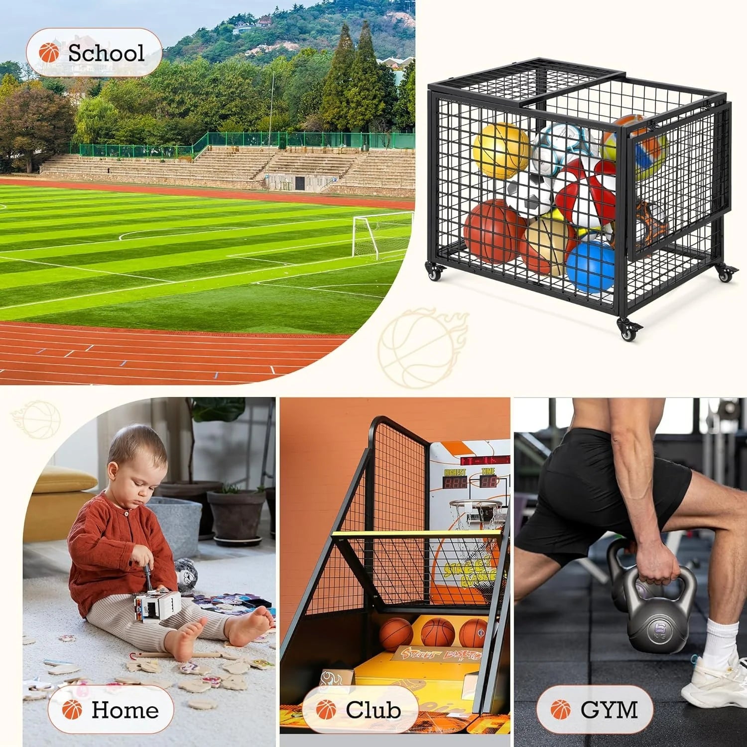 AECOJOY Ball Cart Storage, Rolling Basketball Bin with Wheels for Garage, School, Gym, Sports Equipment and Toy Organizer, Large