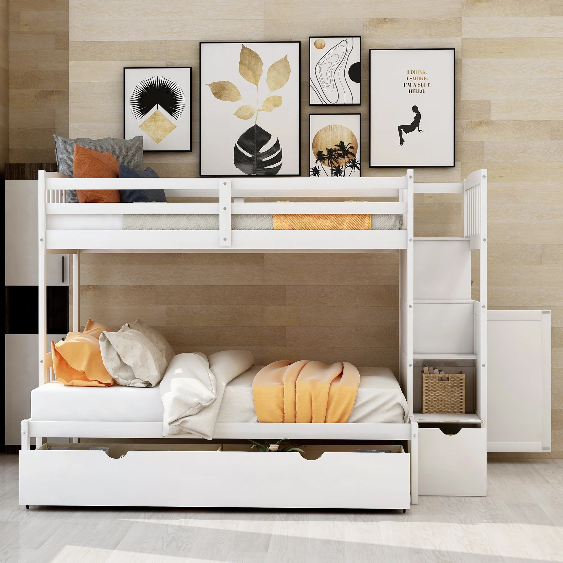 AECOJOY Twin over Full/Twin Convertible Bunk Bed with Storage Shelves and Drawers, Grey