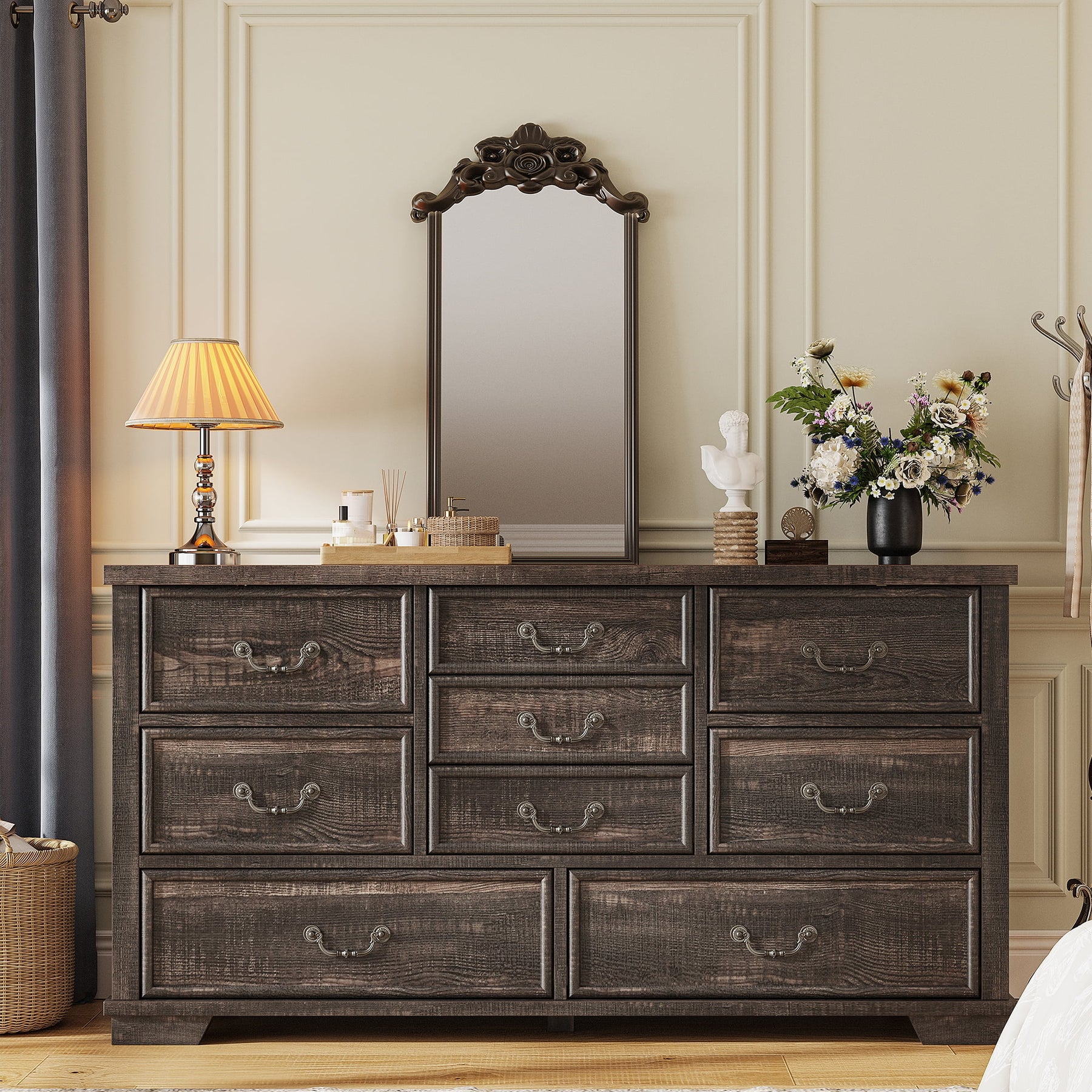 Enhomee Wood Dressers for Bedroom with 9 Drawers White Dresser Chest of Drawers for Living Room