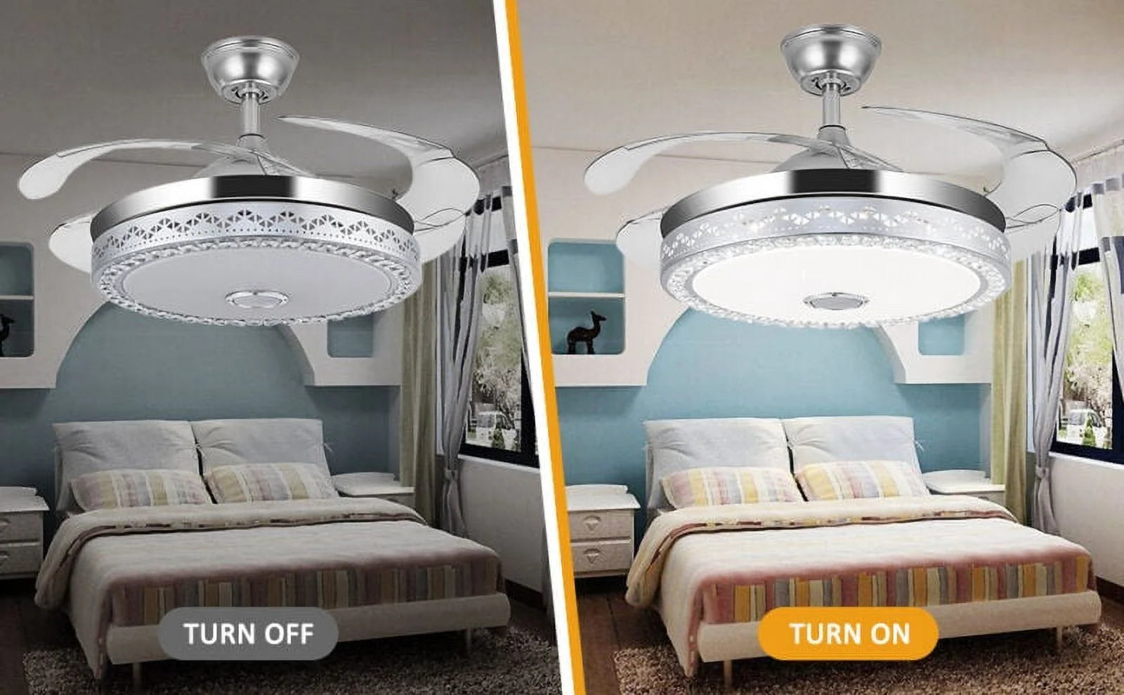 42"invisible Chandelier Ceiling Fan with Light and Bluetooth Speaker, Modern 3 Color Change Crystal Ceiling Fan Light with Remote Control 4 Retractable ABS Blades