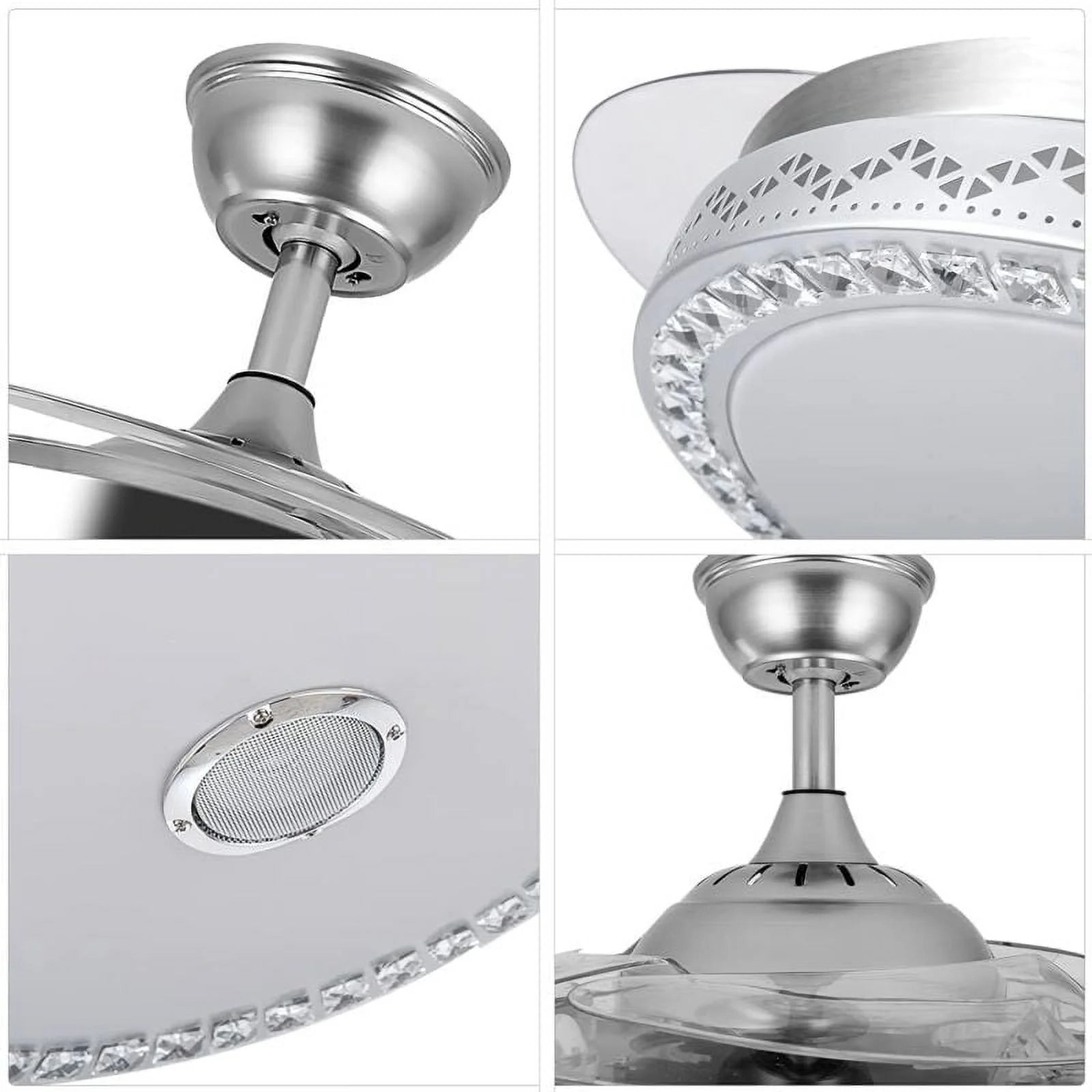 42"invisible Chandelier Ceiling Fan with Light and Bluetooth Speaker, Modern 3 Color Change Crystal Ceiling Fan Light with Remote Control 4 Retractable ABS Blades